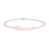Custom Rose gold plated name bracelet on a white background