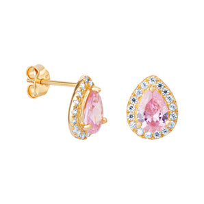 Pink Tourmaline CZ Sterling Silver Gold Plated Teardrop Stud Earrings