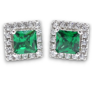Princess Cut Emerald Cubic Zirconia Halo Silver Earrings