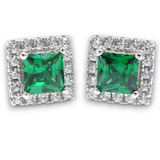 Princess Cut Emerald Cubic Zirconia Halo Silver Earrings