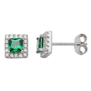 Princess Cut Emerald Cubic Zirconia Halo Silver Earrings