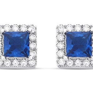 Princess Cut Sapphire Cubic Zirconia Halo Silver Earrings