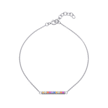 Rainbow Bar Bracelet – 925 Sterling Silver & CZ Stone by Urban Pizazz. Shop our 925 sterling silver Rainbow Bar Bracelet with vibrant CZ stones. Dainty, adjustable, hypoallergenic – perfect for layering or gifting in the UK.