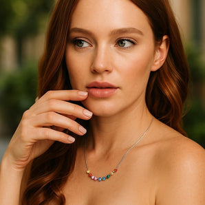 Rainbow Bar Necklace – 925 Silver & CZ Gemstones by Urban Pizazz. Discover the Rainbow Bar Necklace in 925 silver with vibrant colourful cubic zirconia. A dainty, colorful piece perfect for everyday wear or gifting with pride