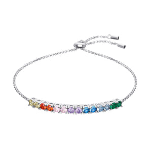 Rainbow Bolo Bracelet – 925 Silver & CZ Stones by Urban Pizazz. Shop the Rainbow Bolo Bracelet in 925 sterling silver with colourful CZ stones. Adjustable, dainty, and perfect for layering or gifting with pride.