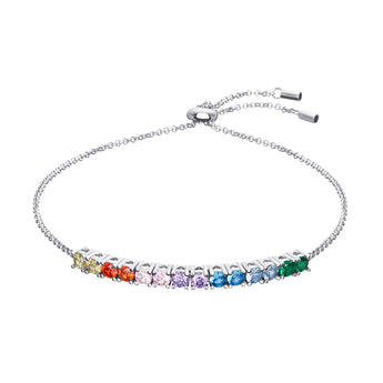 Rainbow Bolo Bracelet – 925 Silver & CZ Stones by Urban Pizazz. Shop the Rainbow Bolo Bracelet in 925 sterling silver with colourful CZ stones. Adjustable, dainty, and perfect for layering or gifting with pride.