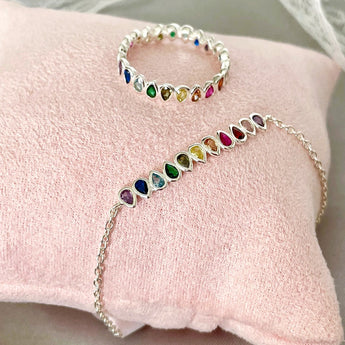 Silver Multi-Coloured Cubic Zirconia Bracelet and Ring - Rainbow Collection by Urban Pizazz