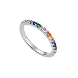 Rainbow Eternity Band – 925 Sterling Silver Ring by Urban Pizazz UK. Shop the Rainbow Eternity Band in 925 sterling silver with colourful cubic zirconia stones. A dainty, stackable ring that’s hypoallergenic and full of sparkle.
