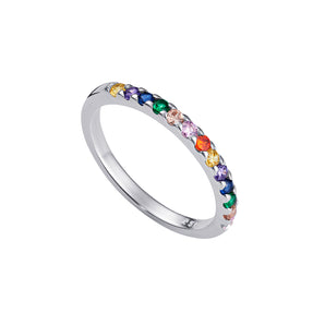 Rainbow Eternity Band – 925 Sterling Silver Ring by Urban Pizazz UK. Shop the Rainbow Eternity Band in 925 sterling silver with colourful cubic zirconia stones. A dainty, stackable ring that’s hypoallergenic and full of sparkle.