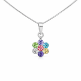 Sterling silver flower pendant necklace set with rainbow cubic zirconia stones. Colourful, elegant and perfect for everyday wear or gifting.