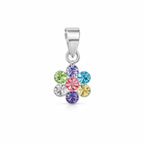 Sterling silver flower pendant necklace set with rainbow cubic zirconia stones. Colourful, elegant and perfect for everyday wear or gifting.
