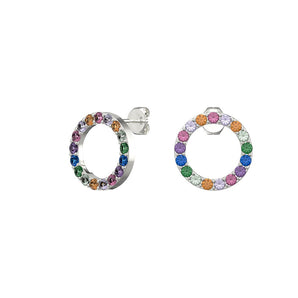 Rainbow Open Circle Stud Earrings – 925 Silver & CZ by Urban Pizazz. Discover our dainty 925 silver open circle studs with rainbow CZ stones. Hypoallergenic, colourful, and perfect for everyday wear or gifting in the UK.