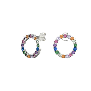 Rainbow Open Circle Stud Earrings – 925 Silver & CZ by Urban Pizazz. Discover our dainty 925 silver open circle studs with rainbow CZ stones. Hypoallergenic, colourful, and perfect for everyday wear or gifting in the UK.