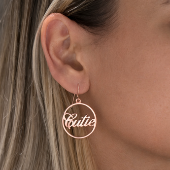 Rose Gold Plated Sterling Silver Personalised Name Hoop Drop Earrings on Model