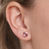 Urban Pizazz Model Waering Our Rose Gold Plated Pink Tourmaline CZ Sterling Silver Stud Earrings