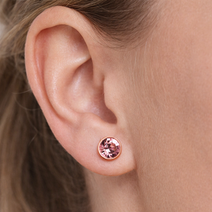 Urban Pizazz Model Waering Our Rose Gold Plated Pink Tourmaline CZ Sterling Silver Stud Earrings