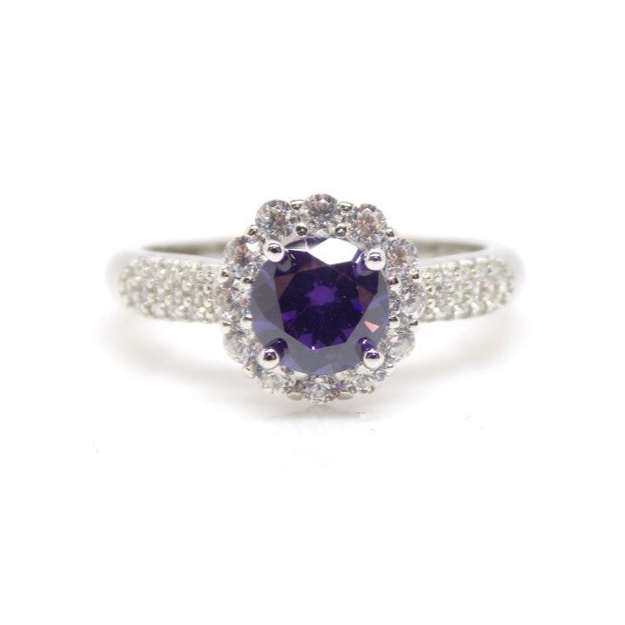 Round Amethyst and clear cubic zirconina silver ring