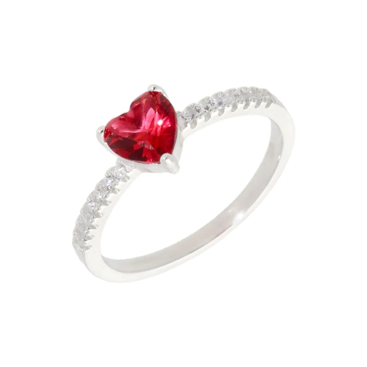 Silver ring with a red heart shaped cubic zirconia