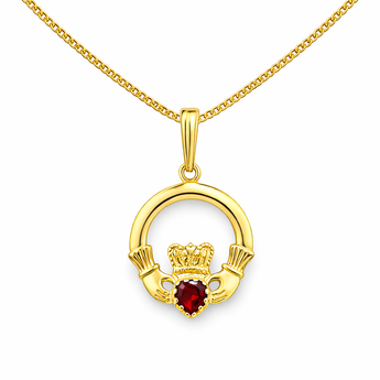 9ct Gold Ruby Cubic Zirconia Claddagh Pendant Necklace