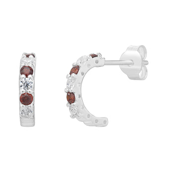 925 Sterling Silver & Ruby CZ Half Hoop Earrings