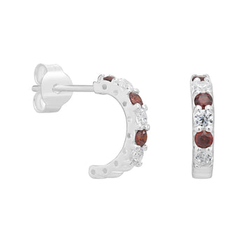 925 Sterling Silver & Ruby CZ Half Hoop Earrings