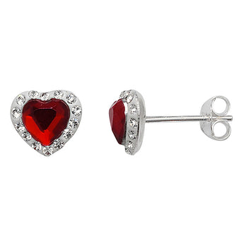 Ruby CZ Silver Heart Stud Earrings