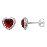 Ruby CZ Silver Heart Stud Earrings