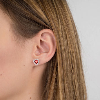 Ruby CZ Silver Heart Stud Earrings
