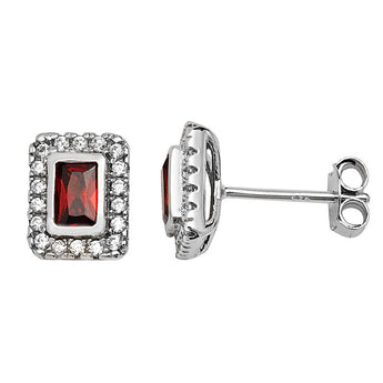 Silver Ruby Cubic Zirconia Square Stud Earrings