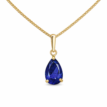 9ct Gold Sapphire Cubic Zirconia Pear Drop Pendant Necklace