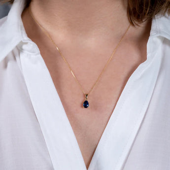 9ct Gold Sapphire Cubic Zirconia Pear Drop Pendant Necklace