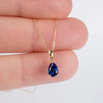 9ct Gold Sapphire Cubic Zirconia Pear Drop Pendant Necklace