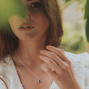 Sapphire Cubic Zirconia Silver Rectangle Pendant Necklace