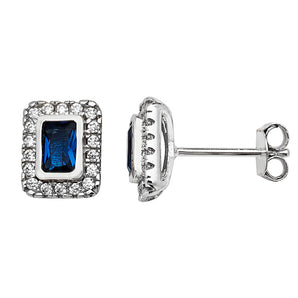 Sterling Silver Sapphire Rectangle Halo Stud Earrings