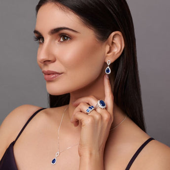 Silver Sapphire CZ Teardrop Drop Earrings