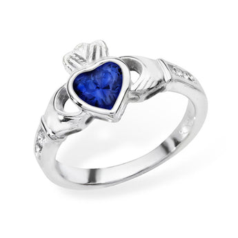 Shop the September birthstone Claddagh ring at Urban Pizazz. Featuring a heart-shaped sapphire cubic zirconia in sterling silver. Perfect gifting jewellery.
