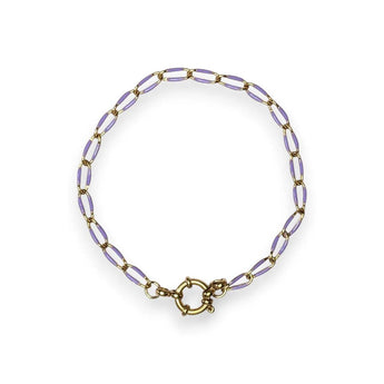 Amnesia Jewellery | Gold Plated Stainless Steel Sharna Paperclip Chain Bracelet. Our Sharna twisted paperclip bracelet is made from gold plated stainless steel with purple enamel decoration and sailors clasp. Tarnish Free and Waterproof. Shop now for quality Jewellery/Jewelry!