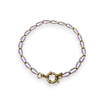 Amnesia Jewellery | Gold Plated Stainless Steel Sharna Paperclip Chain Bracelet. Our Sharna twisted paperclip bracelet is made from gold plated stainless steel with purple enamel decoration and sailors clasp. Tarnish Free and Waterproof. Shop now for quality Jewellery/Jewelry!