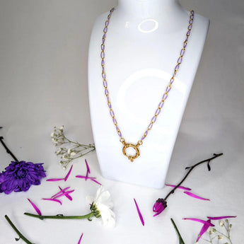 Amnesia Jewellery | Gold Plated Stainless Steel Sharna Paperclip Chain Necklace. Our 20" Sharna Twisted Paperclip Necklace is made from gold plated stainless steel with purple enamel and sailors clasp. Tarnish Free and Waterproof. Shop now for quality Jewellery/Jewelry!