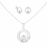 Sterling Silver April Birthstone Claddagh Jewellery Set Featuring Silver Pendant Necklace and Matching Earrings