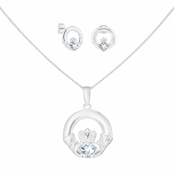 Sterling Silver April Birthstone Claddagh Jewellery Set Featuring Silver Pendant Necklace and Matching Earrings