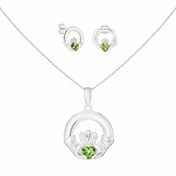 Sterling Silver August Birthstone Claddagh Jewellery Set Featuring Seilver Pendant Necklace and Matching Earrings