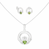 Sterling Silver August Birthstone Claddagh Jewellery Set Featuring Seilver Pendant Necklace and Matching Earrings