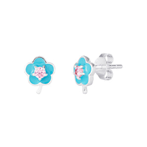 Sterling Silver Blue Enamel CZ Flower Stud Earrings