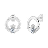 Sterling Silver April Birthstone Claddagh Earrings with Diamond Clear Cubic Zirconia Heart Centre