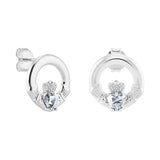 Sterling Silver April Birthstone Claddagh Earrings with Diamond Clear Cubic Zirconia Heart Centre