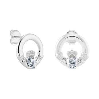 Sterling Silver April Birthstone Claddagh Earrings with Diamond Clear Cubic Zirconia Heart Centre