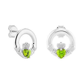 Sterling Silver August Birthstone Claddagh Earrings with Peridot Green Cubic Zirconia Heart Details