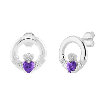 Sterling Silver February Birthstone Claddagh Earrings with Amethyst Purple Cubic Zirconia Heart Centre Stone