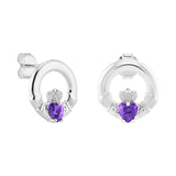 Sterling Silver February Birthstone Claddagh Earrings with Amethyst Purple Cubic Zirconia Heart Centre Stone